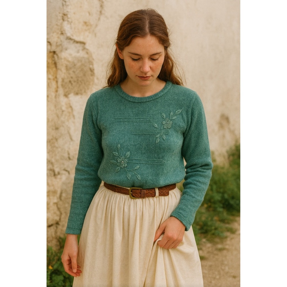 Jenny Vtg Teal Embroidered Beaded Sweater Size M Cottagecore Feminine Prairie